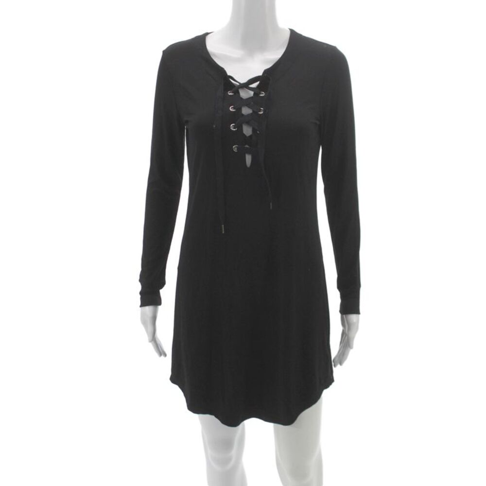 David Lerner Women Gothic Mini Black V-Neck Lace Up Long Sleeve Dress Size S